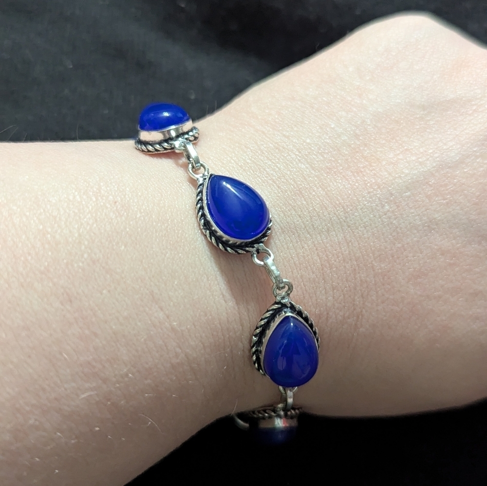 Silver Plated Blue Chalcedony Gemstone Teardrop Statement Bracelet